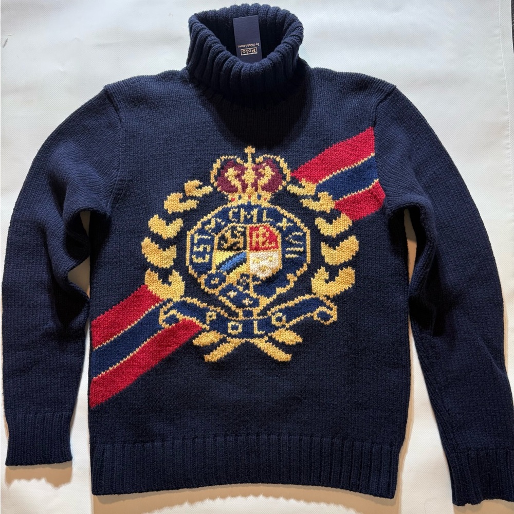 Navy Blue Crest Turtleneck Sweater